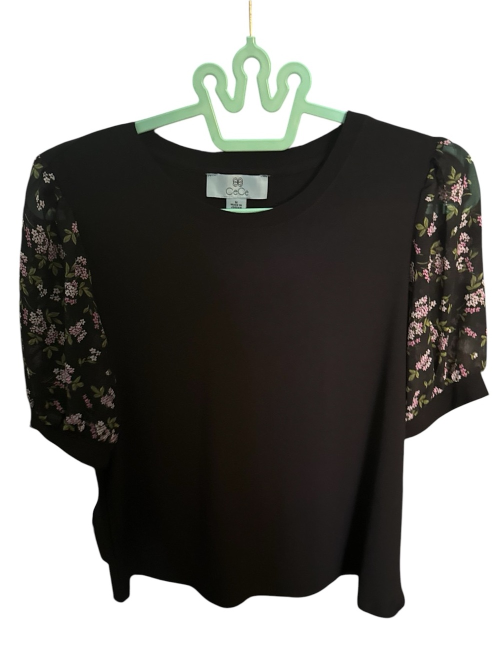 CeCe Black Tee with Pink Floral Puff Sleeves